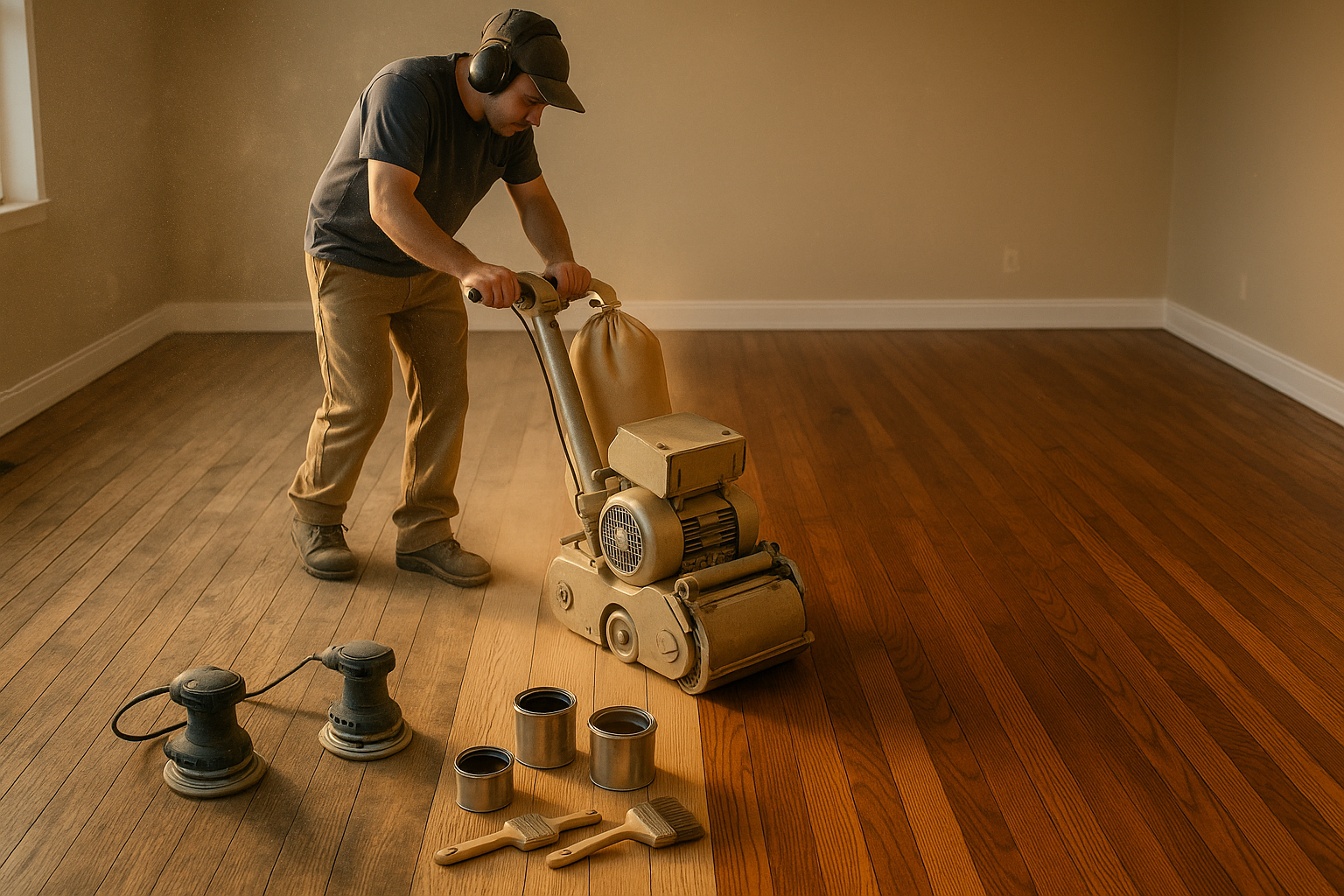 Floor Refinishing and Repair: Sanding and re-staining worn wood floors.

